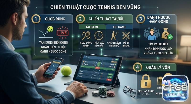 Kinh nghiệm cược tennis ăn tiền - Bí quyết từ cao thủ 2026 Kinh nghiệm cược tennis: Tổng quan 4 chiến thuật bền vững là cược rung, tài xỉu, đánh ngược đám đông và quản lý vốn theo kỷ luật 1-5%