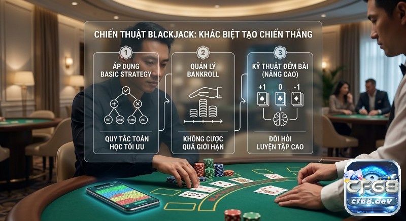 So sánh Baccarat vs Blackjack: Chọn game nào dễ thắng hơn? Tổng quan chiến thuật Blackjack 3 bước: học Basic Strategy trên điện thoại, quản lý bankroll và luyện kỹ năng đếm bài nâng cao