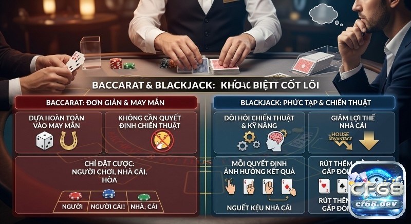 So sánh Baccarat vs Blackjack: Chọn game nào dễ thắng hơn? Bảng so sánh Baccarat vs Blackjack, làm rõ game nào dựa vào may mắn, và game nào cần chiến thuật để giảm lợi thế nhà cái