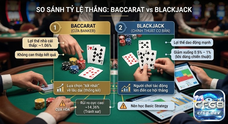 So sánh Baccarat vs Blackjack: Chọn game nào dễ thắng hơn? Bảng đối chiếu tỷ lệ thắng giữa Baccarat (cửa Banker khoảng 1,06%) và Blackjack (dao động 0,5–1% khi áp dụng Basic Strategy), làm nổi bật vai trò và tác động của người chơi