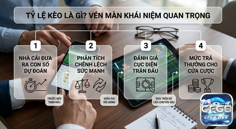 Tỷ lệ kèo là gì? Hướng dẫn đọc kèo bóng đá chuẩn xác nhất A-Z Sơ đồ 4 bước giải thích tỷ lệ kèo là gì: nhà cái dự đoán, phân tích sức mạnh, đánh giá và mức thưởng giúp dân cược thắng