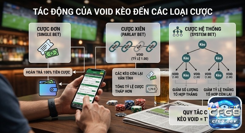 Void trong thể thao là gì? Hiểu ngay cách hoàn tiền cược uy tín Sơ đồ giải thích tác động của kèo Void trong thể thao là gì đến cược đơn, cược xiên và cược hệ thống, nêu rõ hoàn tiền 100% hay tính tỷ lệ 1.00