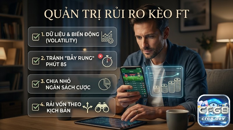 Cá cược bóng đá full‑time: Kèo FT là gì? Mẹo chơi thắng lớn Quản trị rủi ro kèo cá cược bóng đá full‑time: Người đàn ông xem điện thoại, phân tích dữ liệu biến động, tránh bẫy rung phút 85, chia nhỏ ngân sách và rải vốn theo kịch bản