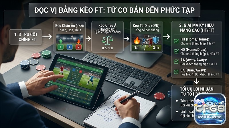 Cá cược bóng đá full‑time: Kèo FT là gì? Mẹo chơi thắng lớn Đọc vị bảng kèo cá cược bóng đá full‑time: người dùng phân tích Kèo Châu Âu, Châu Á, Tài Xỉu và các tổ hợp HT/FT trên máy tính bảng