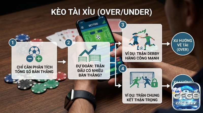 Cá cược thể thao là gì? Cách hiểu đúng và các loại kèo phổ biến Kèo Tài Xỉu (Over/Under) phân tích tổng bàn thắng, dự đoán trận đấu, ví dụ derby hàng công mạnh về Tài, chung kết thận trọng về Xỉu