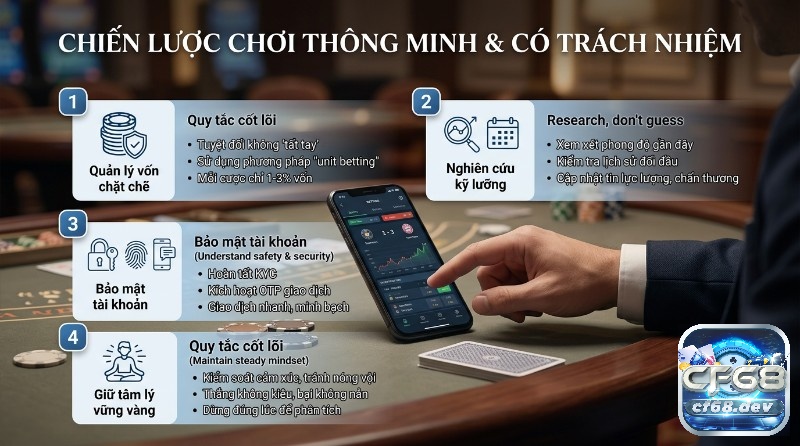 Cá cược thể thao là gì? Cách hiểu đúng và các loại kèo phổ biến Chiến lược chơi thông minh và có trách nhiệm với 4 nguyên tắc: quản lý vốn chặt chẽ, nghiên cứu kỹ lưỡng, bảo mật tài khoản, giữ tâm lý vững vàng