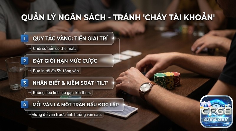 Cách chơi poker cho người mới: Hướng dẫn dễ hiểu, thắng lớn Quản lý ngân sách hiệu quả khi chơi bài, tránh cháy tài khoản với 4 quy tắc: tiền giải trí, giới hạn cược 5% vốn, kiểm soát Tilt, mỗi ván độc lập