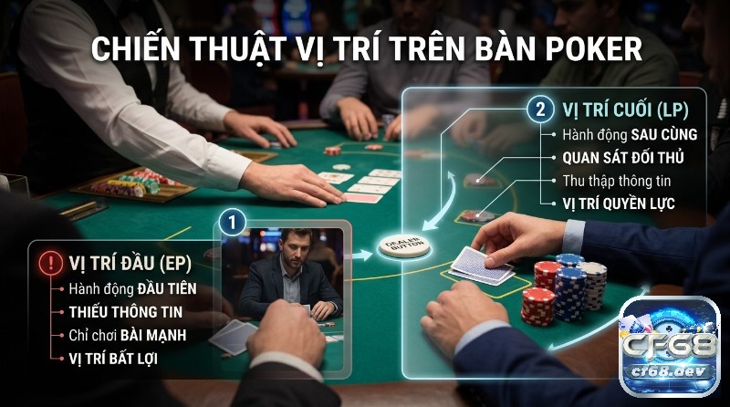Cách chơi poker cho người mới: Hướng dẫn dễ hiểu, thắng lớn Chiến thuật vị trí trên bàn poker: Vị trí đầu (EP) hành động đầu tiên, thiếu thông tin; Vị trí cuối (LP) hành động sau cùng, thu thập thông tin, quyền lực