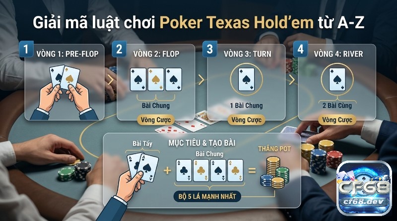 Cách chơi poker cho người mới: Hướng dẫn dễ hiểu, thắng lớn Giải mã lcách chơi poker cho người mới qua 4 vòng cược Pre-Flop, Flop, Turn, River, kết hợp bài tẩy và bài chung tạo bộ 5 lá mạnh nhất để thắng pot