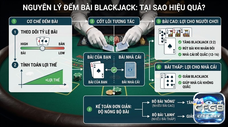 Cách đếm bài Blackjack: Bí quyết tăng tỷ lệ thắng siêu tốc Nguyên lý cách đếm bài blackjack: theo dõi tỷ lệ bài cao/thấp để tính lợi thế. Tăng cược khi bộ bài nóng, giảm cược khi lạnh