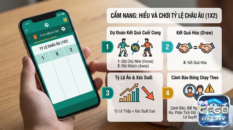 Cách đọc kèo trên điện thoại: Hướng dẫn siêu tốc, dễ hiểu Tỷ lệ Châu Âu (1X2) trên mobile, giải thích 1 (Chủ nhà), X (Hòa), 2 (Khách), tỷ lệ ăn thấp = xác suất cao, kèm cảnh báo phân tích phong độ