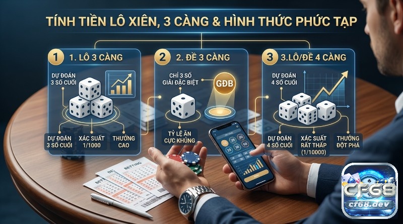 Cách tính tiền lô đề chuẩn xác: Tỷ lệ thưởng cao, dễ hiểu Tính tiền lô xiên, 3 càng, 4 càng với hướng dẫn dự đoán 3 số cuối (1/1000), 4 số cuối (1/10000), tỷ lệ thưởng cao, người chơi cầm chip và điện thoại