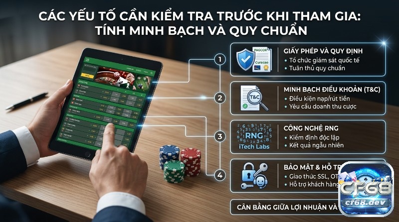Cách tính tiền lô đề chuẩn xác: Tỷ lệ thưởng cao, dễ hiểu Các yếu tố kiểm tra tính minh bạch, quy chuẩn nền tảng trực tuyến: giấy phép (PAGCOR, Curacao), điều khoản, RNG (iTech Labs), bảo mật SSL, OTP, hỗ trợ chuyên nghiệp