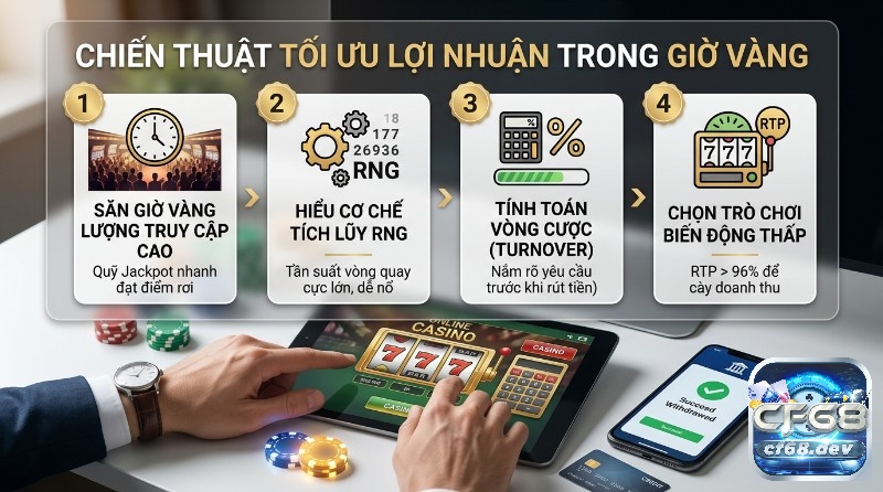 Casino happy hour là gì? Giờ vàng ưu đãi khủng, thắng siêu tốc! Chiến thuật tối ưu lợi nhuận trong giờ vàng, săn giờ cao điểm, hiểu RNG, tính vòng cược, chọn game RTP > 96% để rút tiền