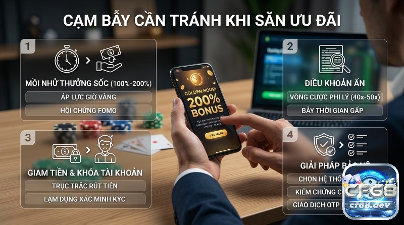 Casino happy hour là gì? Giờ vàng ưu đãi khủng, thắng siêu tốc! Cạm bẫy khi săn ưu đãi, mồi nhử thưởng sốc 100-200%, áp lực giờ vàng, điều khoản ẩn, vòng cược 40-50x, giam tiền, lạm dụng KYC và giải pháp bảo vệ