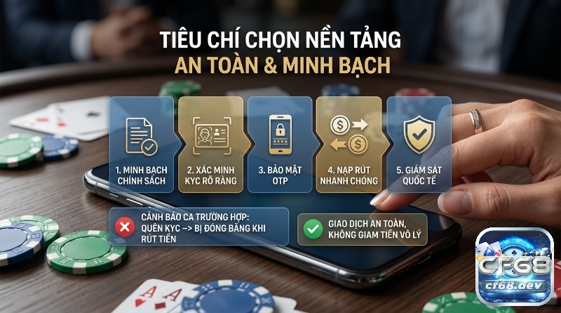 Cược eSports là gì? Giải mã A-Z, chơi ngay thưởng lớn Tiêu chí chọn nền tảng giải trí an toàn minh bạch: chính sách, KYC rõ ràng, bảo mật OTP, nạp rút nhanh chóng, giám sát quốc tế. Cảnh báo quên KYC dẫn đến đóng băng tài khoản khi rút tiền, đảm bảo giao dịch an toàn.