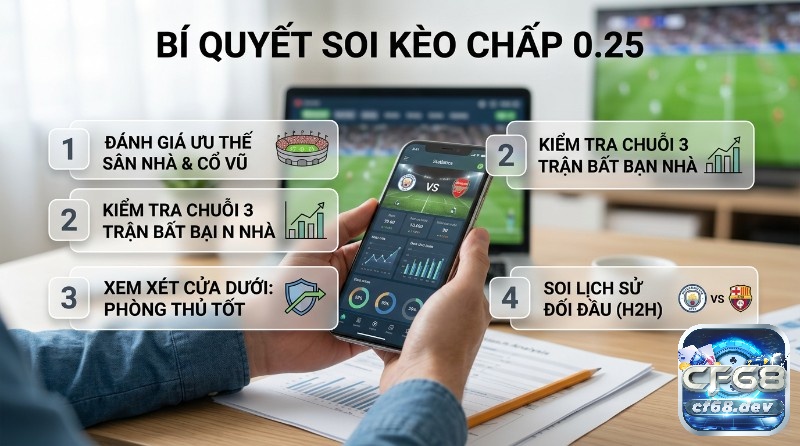 Kèo chấp 1/4 là gì? Giải mã chi tiết, soi kèo chuẩn nhất Bí quyết soi kèo chấp 1/4 là gì: đánh giá ưu thế sân nhà, kiểm tra chuỗi 3 trận bất bại, xem xét phòng thủ tốt và lịch sử đối đầu trên ứng dụng cá cược bóng đá