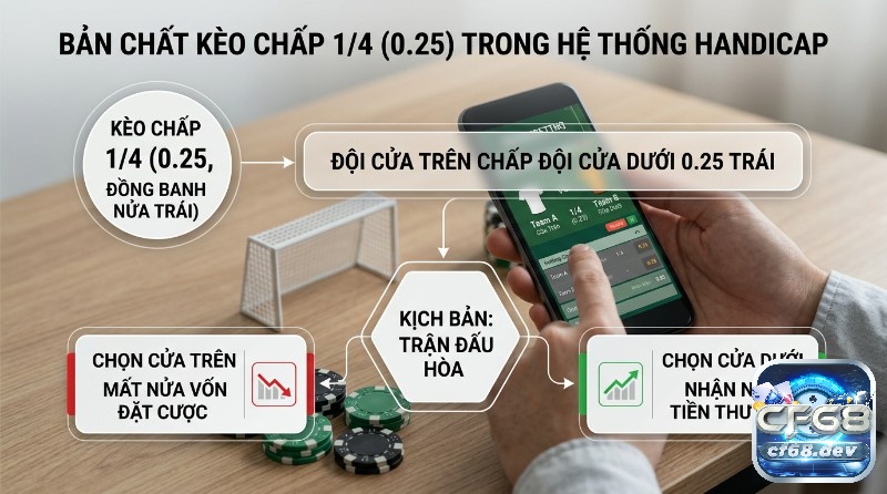 Bản chất kèo chấp 1/4 là gì, đội cửa trên chấp 0.25 trái, giải thích khi hòa, cửa trên mất nửa vốn, cửa dưới nhận nửa tiền thưởng hiển thị trên điện thoại
