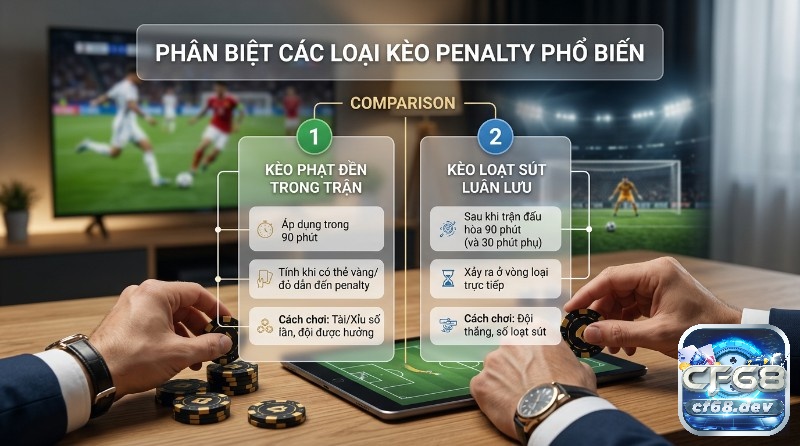 Phân biệt kèo phạt đền trong trận và kèo loạt sút luân lưu, so sánh thời gian, điều kiện, cách chơi, cùng người chơi đặt cược
