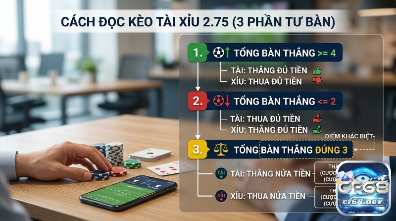 Kèo tài xỉu là gì? Bí quyết đọc kèo chuẩn, thắng lớn Hướng dẫn hiểu kèo tài xỉu 2.75: tổng bàn thắng từ 4 trở lên, từ 2 trở xuống hoặc đúng 3 bàn, dành cho người chơi cá cược bóng đá