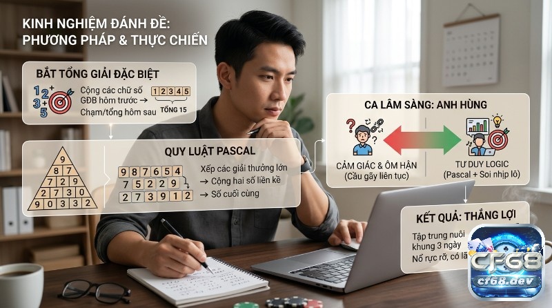 Kinh nghiệm đánh đề hiệu quả: Chốt số nhanh, ăn tiền thật uy tín Kinh nghiệm đánh đề thực chiến: Phương pháp bắt tổng giải đặc biệt và quy luật Pascal, minh họa anh Hùng áp dụng tư duy logic để chốt số thắng lợi