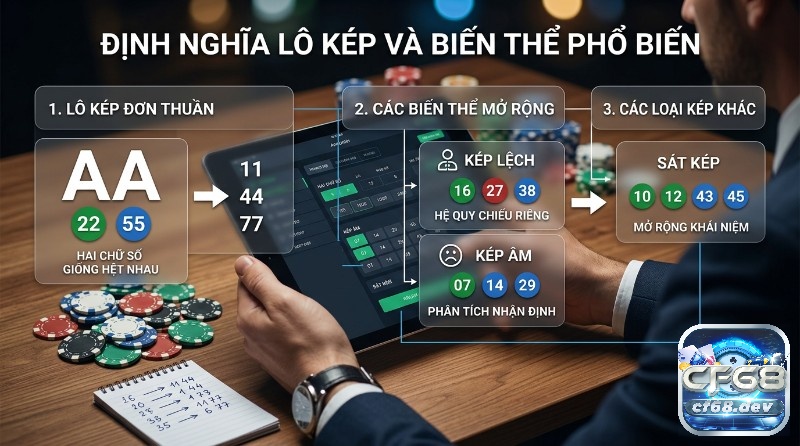 Lô kép là gì? Khám phá định nghĩa chuẩn, uy tín nhất Định nghĩa lô kép là gì, và các biến thể như kép lệch, kép âm, sát kép với các ví dụ số 22, 55, 16, 27, 07, 14, 10, 12