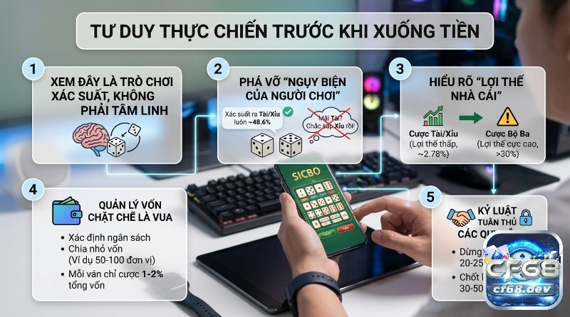 Sicbo gambling strategy: Chiến thuật chơi Tài Xỉu hiệu quả Hiểu xác suất 48.6%, lợi thế nhà cái 2.78-30%, quản lý vốn, kỷ luật dừng lỗ/chốt lời