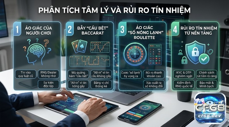 So sánh roulette vs baccarat: Game nào dễ thắng hơn? Phân tích tâm lý và rủi ro tín nhiệm trong cờ bạc: ảo giác người chơi, bẫy cầu bệt Baccarat, ảo giác số nóng lạnh Roulette, rủi ro nền tảng KYC, bảo mật