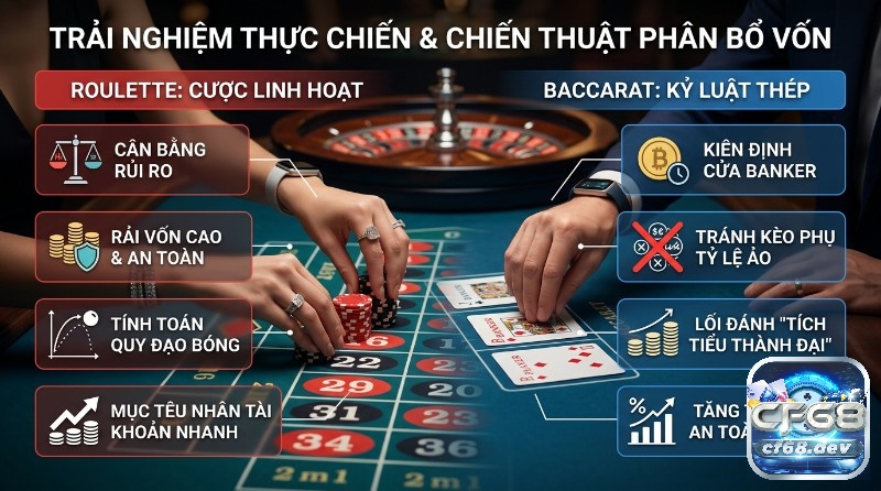 So sánh roulette vs baccarat: Game nào dễ thắng hơn? Chiến thuật phân bổ vốn so sánh roulette vs baccarat cược linh hoạt, cân bằng rủi ro, nhân tài khoản nhanh với Baccarat kỷ luật thép, kiên định Banker, tăng trưởng an toàn 10-15%