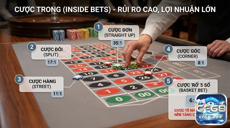 American Roulette là gì? Khám phá vòng quay 00 độc đáo Các loại cược trong (Inside Bets) rủi ro cao, lợi nhuận lớn: Cược đơn 35:1, đôi 17:1, hàng 11:1, góc 8:1, "Rổ" 5 số 6:1