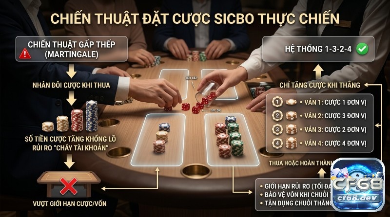 Cách đặt cược Sicbo hiệu quả: Bí kíp thắng lớn 2026 Chiến thuật đặt cược Sicbo so sánh Martingale nhân đôi cược khi thua gây cháy tài khoản với hệ thống 1-3-2-4 tăng cược khi thắng, giới hạn rủi ro 2 đơn vị
