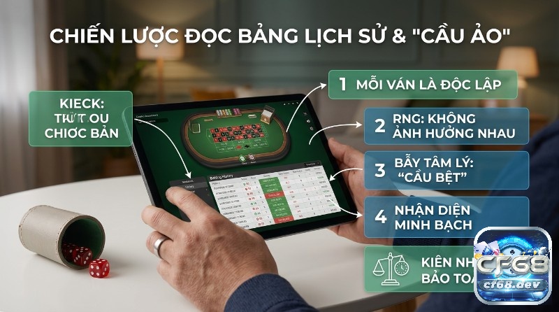 Cược Sicbo Specific Triple: Bí quyết thắng lớn 1 ăn 180 Đọc bảng lịch sử, nhận diện "cầu ảo" trên tablet lịch sử cược, xúc xắc: ván độc lập, RNG, tránh "cầu bệt", minh bạch, kiên nhẫn