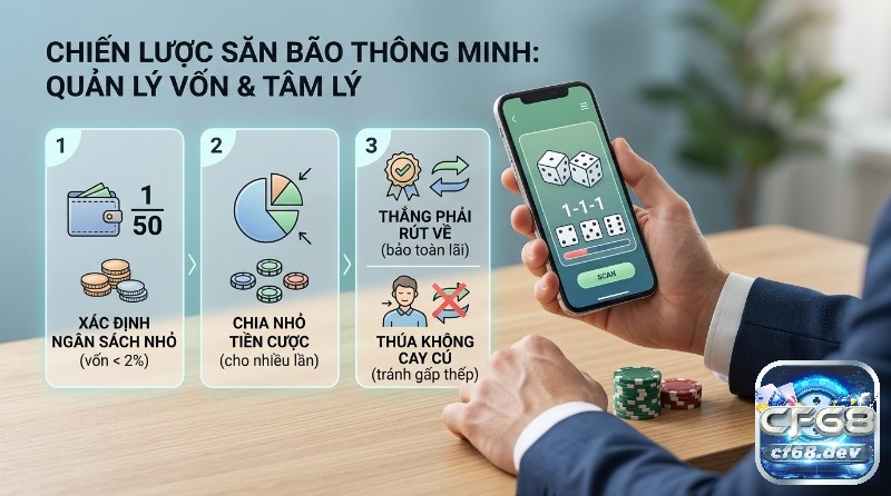 Cược Sicbo Specific Triple: Bí quyết thắng lớn 1 ăn 180 Chiến lược quản lý vốn và tâm lý "săn bão" với ngân sách nhỏ (<2%), chia nhỏ cược, thắng rút lãi, thua không gấp thếp, ứng dụng xúc xắc và chip
