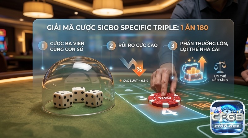 Cược Sicbo Specific Triple: Bí quyết thắng lớn 1 ăn 180 Giải mã cược Sicbo Specific Triple 1 ăn 180, ba viên xúc xắc cùng số, xác suất thắng < 0.5%