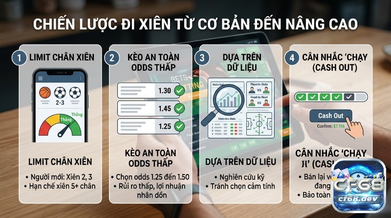 Cược xiên là gì? Cách hiểu đúng và chiến lược chơi hiệu quả Chiến lược xiên hiệu quả thường giới hạn 2–3 trận, ưu tiên kèo odds thấp 1.25–1.50, kết hợp phân tích dữ liệu quá khứ và áp dụng Cash Out đúng thời điểm để giữ lợi nhuận (ví dụ: $7.158)