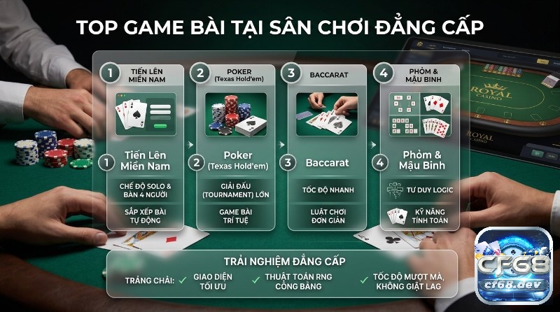 Game bài nhà cái uy tín 2026: Nạp rút siêu tốc, thưởng khủng Top game bài nhà cái uy tín với Tiến Lên Miền Nam, Poker, Baccarat, Phỏm, Mậu Binh, giao diện tối ưu, RNG công bằng, tốc độ mượt mà