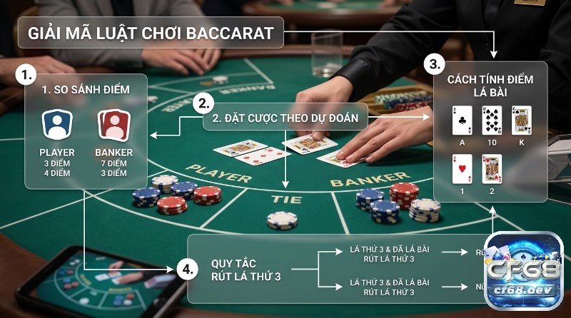 Hướng dẫn chơi Baccarat online dễ hiểu, thắng lớn 2026 Giải mã hướng dẫn chơi baccarat online: so sánh điểm Player/Banker, đặt cược, cách tính điểm lá bài (A=1, 10/K=0) và quy tắc rút lá thứ ba trên bàn chơi thực tế