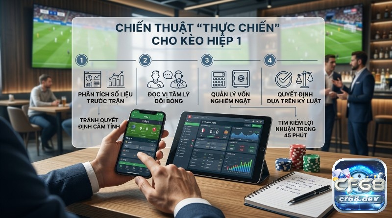 Kèo hiệp 1 là gì? Hướng dẫn cách chơi, mẹo thắng siêu tốc Chiến thuật "thực chiến" kèo hiệp 1 là gì: phân tích số liệu, đọc vị tâm lý, quản lý vốn. Người chơi dùng điện thoại, máy tính bảng xem thống kê bóng đá
