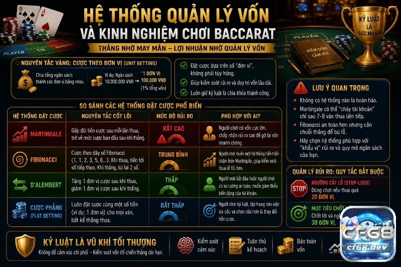 Kinh nghiệm chơi Baccarat mới nhất: Hốt bạc cực đỉnh Hệ thống quản lý vốn là nền tảng của kinh nghiệm chơi Baccarat bền vững, giúp người chơi kiểm soát rủi ro, duy trì kỷ luật và bảo vệ ngân sách trước những biến động ngắn hạn của trò chơi