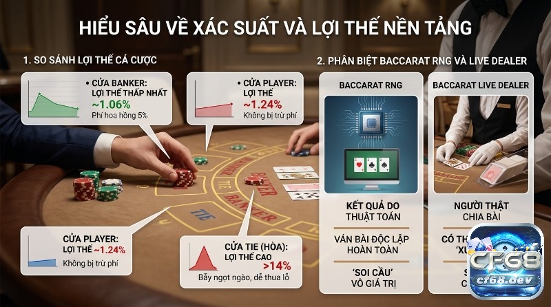 Hiểu xác suất, lợi thế nền tảng Baccarat: Banker 1.06%, Player 1.24%, Tie >14%; phân biệt Baccarat RNG và Live Dealer