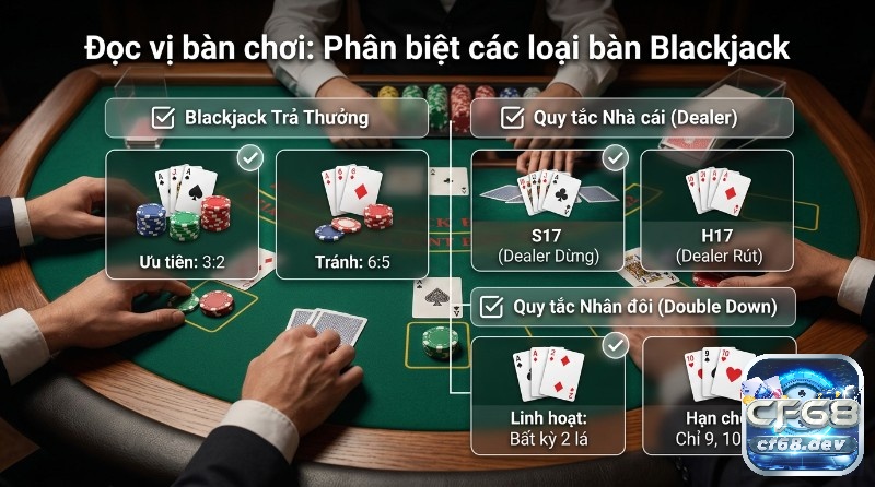 Kinh nghiệm chơi Blackjack: Bí quyết thắng lớn hiệu quả Đọc vị bàn chơi Blackjack phân biệt các quy tắc trả thưởng 3:2/6:5, nhà cái dừng/rút S17/H17, và nhân đôi linh hoạt/hạn chế