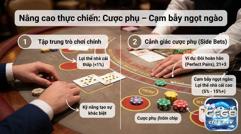 Kinh nghiệm chơi Blackjack: Bí quyết thắng lớn hiệu quả Nâng cao thực chiến Blackjack, cảnh báo cược phụ (Side Bets), là cạm bẫy với lợi thế nhà cái cao (5-15%+) so với trò chơi chính (<1%)