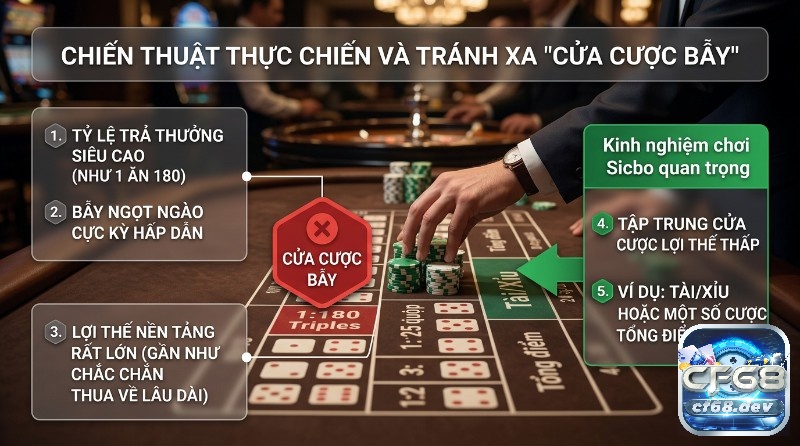 Kinh nghiệm chơi sicbo là gì? Chiến thuật và quản lý vốn Nhận diện và tránh xa cửa cược bẫy Sicbo tỷ lệ 1 ăn 180, tập trung vào Tài/Xỉu trên bàn cược với người chơi đặt chip