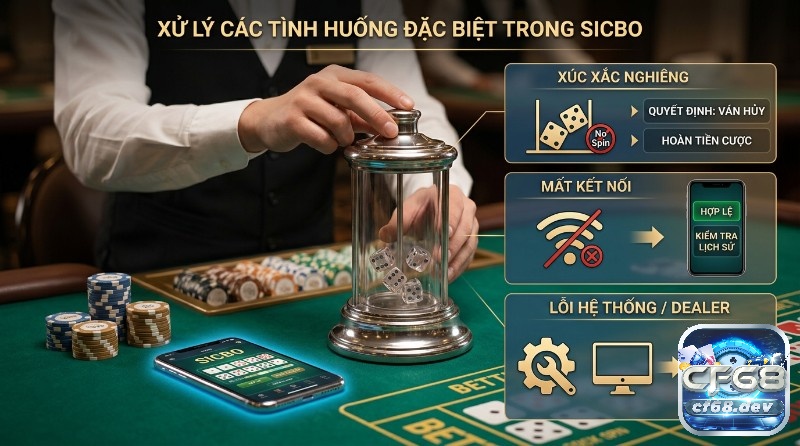 Luật chơi Sicbo: Nắm chắc luật, dễ dàng chiến thắng lớn Xử lý tình huống đặc biệt Sicbo: dealer lắc xúc xắc, xúc xắc nghiêng hủy ván, mất kết nối vẫn hợp lệ, lỗi hệ thống dùng video ghi lại
