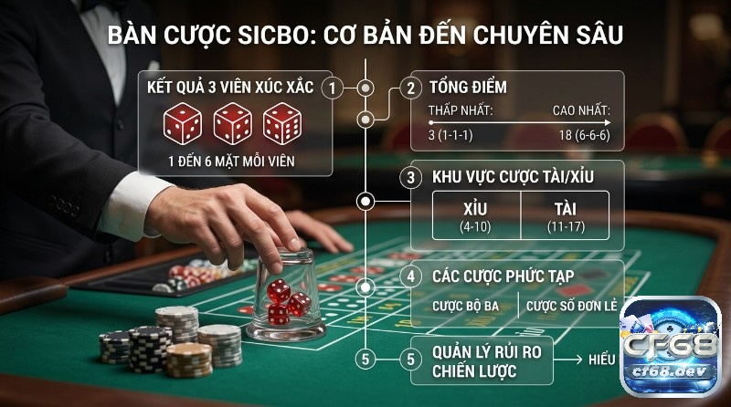 Luật chơi Sicbo: Nắm chắc luật, dễ dàng chiến thắng lớn Luật chơi Sicbo: Bàn cược Sicbo giải thích 3 viên xúc xắc, tổng điểm (3-18), cược Tài/Xỉu (4-10, 11-17), cược phức tạp và quản lý rủi ro