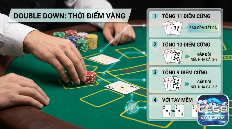 Luật rút bài blackjack là gì? Hướng dẫn hit, stand và chiến thuật Cược gấp đôi Blackjack: Người chơi đặt chip, hướng dẫn thời điểm vàng để nhân đôi lợi nhuận với tổng 11, 10, 9 điểm cứng và tay mềm A-6, A-7 trong luật rút bài blackjack