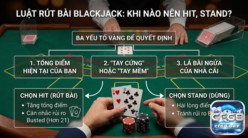 Quyết định Hit hay Stand phụ thuộc vào tổng điểm, tay cứng/mềm và lá bài ngửa của nhà cái. Ví dụ: người chơi cầm 6♠–8♣, còn nhà cái đang lộ 6♦