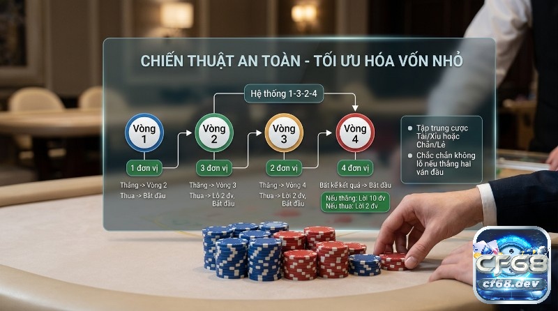 Sicbo chiến thuật: Bí kíp thắng lớn mới nhất năm 2026 Sicbo chiến thuật an toàn tối ưu vốn nhỏ: hệ thống cược 1-3-2-4 cho Tài/Xỉu Chẵn/Lẻ, đảm bảo không lỗ nếu thắng 2 ván đầu, với các vòng đặt 1, 3, 2, 4 đơn vị