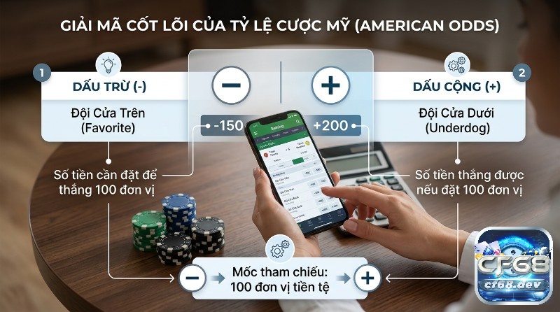 Tỷ lệ cược Mỹ là gì? Hướng dẫn đọc kèo chi tiết, dễ hiểu Giải mã tỷ lệ cược Mỹ là gì (American Odds), với dấu trừ (-) cho đội cửa trên (-150) và dấu cộng (+) cho đội cửa dưới (+200), mốc 100 đơn vị