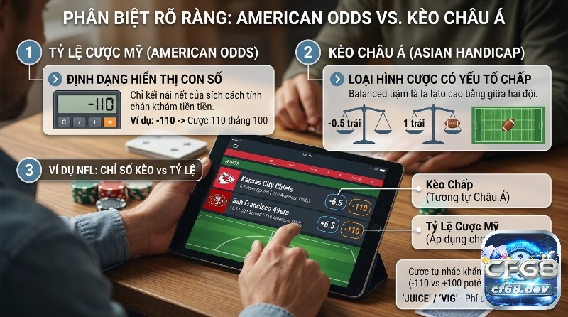 Tỷ lệ cược Mỹ là gì? Hướng dẫn đọc kèo chi tiết, dễ hiểu Phân biệt tỷ lệ cược Mỹ là gì là định dạng tính tiền (-110 cược 110 thắng 100) và kèo châu Á là loại hình cược chấp (-6.5), ví dụ NFL trên tablet